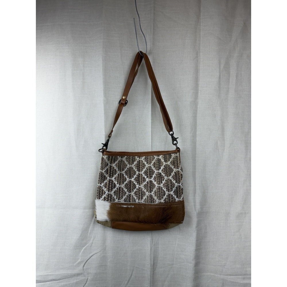 Myra Bag Crossbody Bag Womens Medium Brown Canvas Leather Fur Trim Boho Print